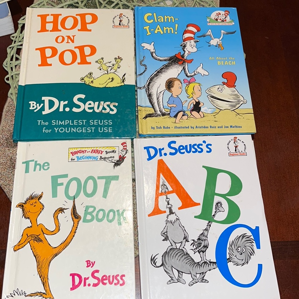 Dr Seuss 4 Book Pack Hop on Pop 1963, Clam I Am 2005, Foot Book 1968, ABC 1991